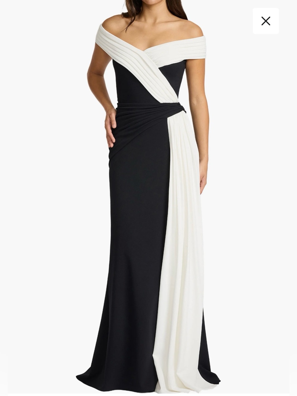 NWT Tadashi Shoji Off-The-Shoulder Black and White Draped Gown, Small